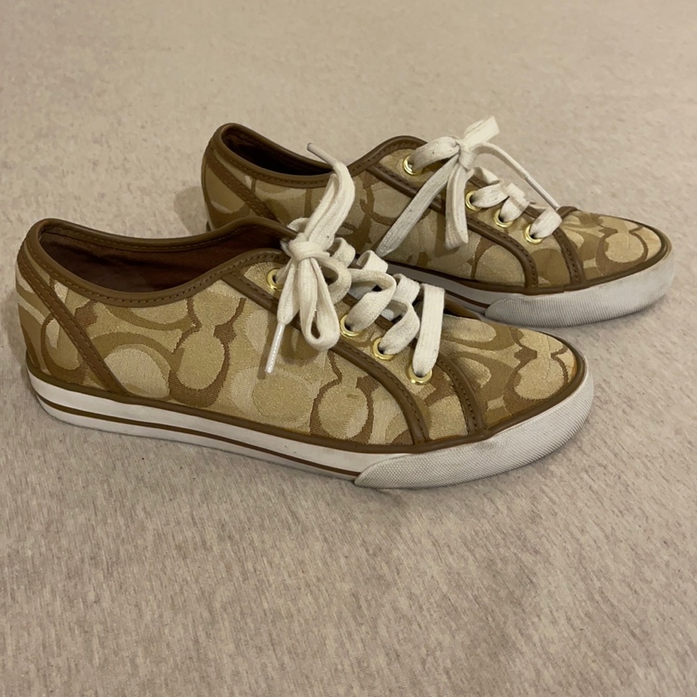 Coach logo canvas sneakers tan and cream